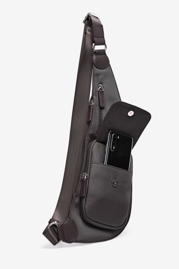 EDDY - ZEVENTO Holster en toile de nylon garni cuir de vachette - Choco ZE-5111 poche devant
