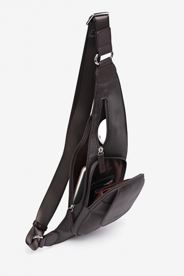 EDDY - ZEVENTO Holster en toile de nylon garni cuir de vachette - Choco ZE-5111 poche ouvert